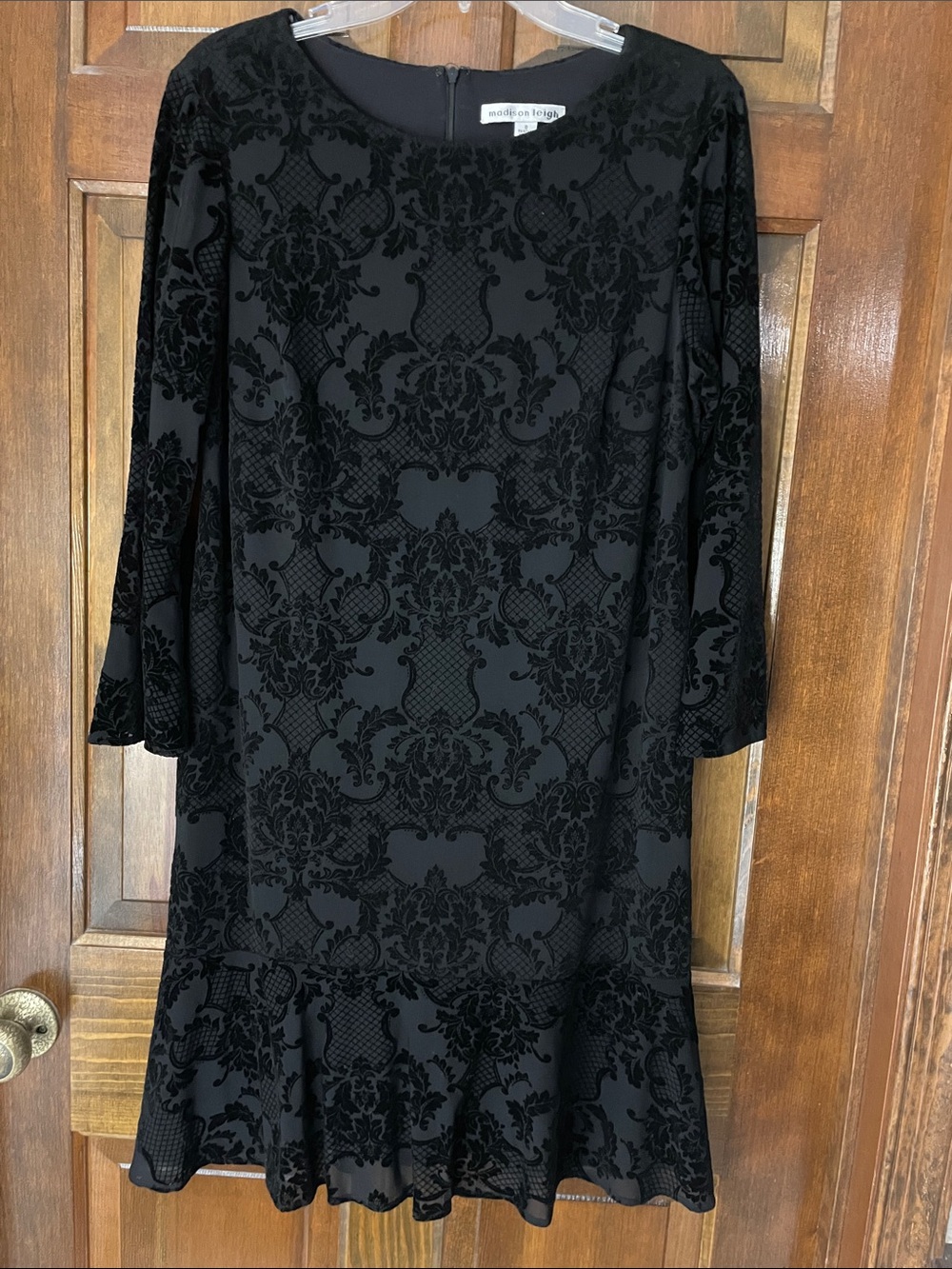Madison Leigh black dress, velvet design, lined, bell 3/4 length sleeves, size 8